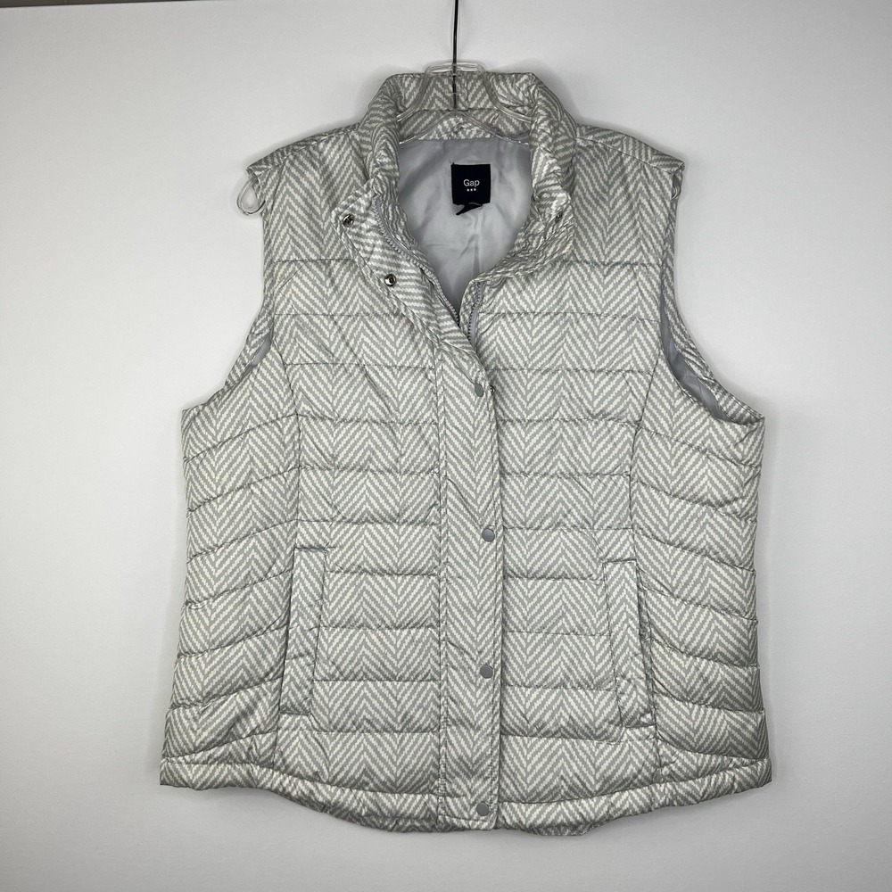 GAP Preppy Womens Gray Herringbone Cozy Quilted Puffer Vest Full‎ Zip Size XL